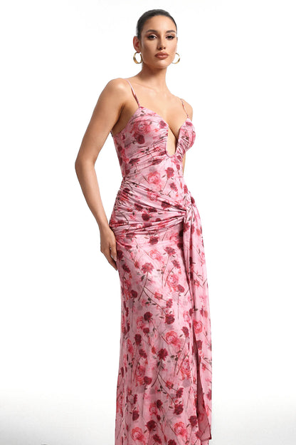 Floral Draped Maxi Gown with Deep V-Neckline
