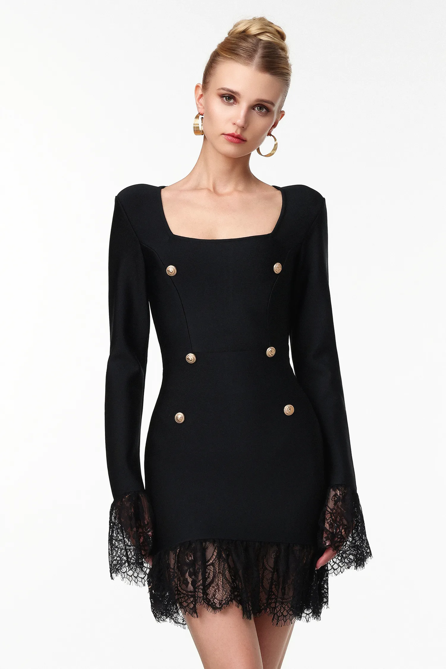 Tailored Square-Neck Blazer Dress with Lace Trim