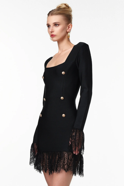 Tailored Square-Neck Blazer Dress with Lace Trim