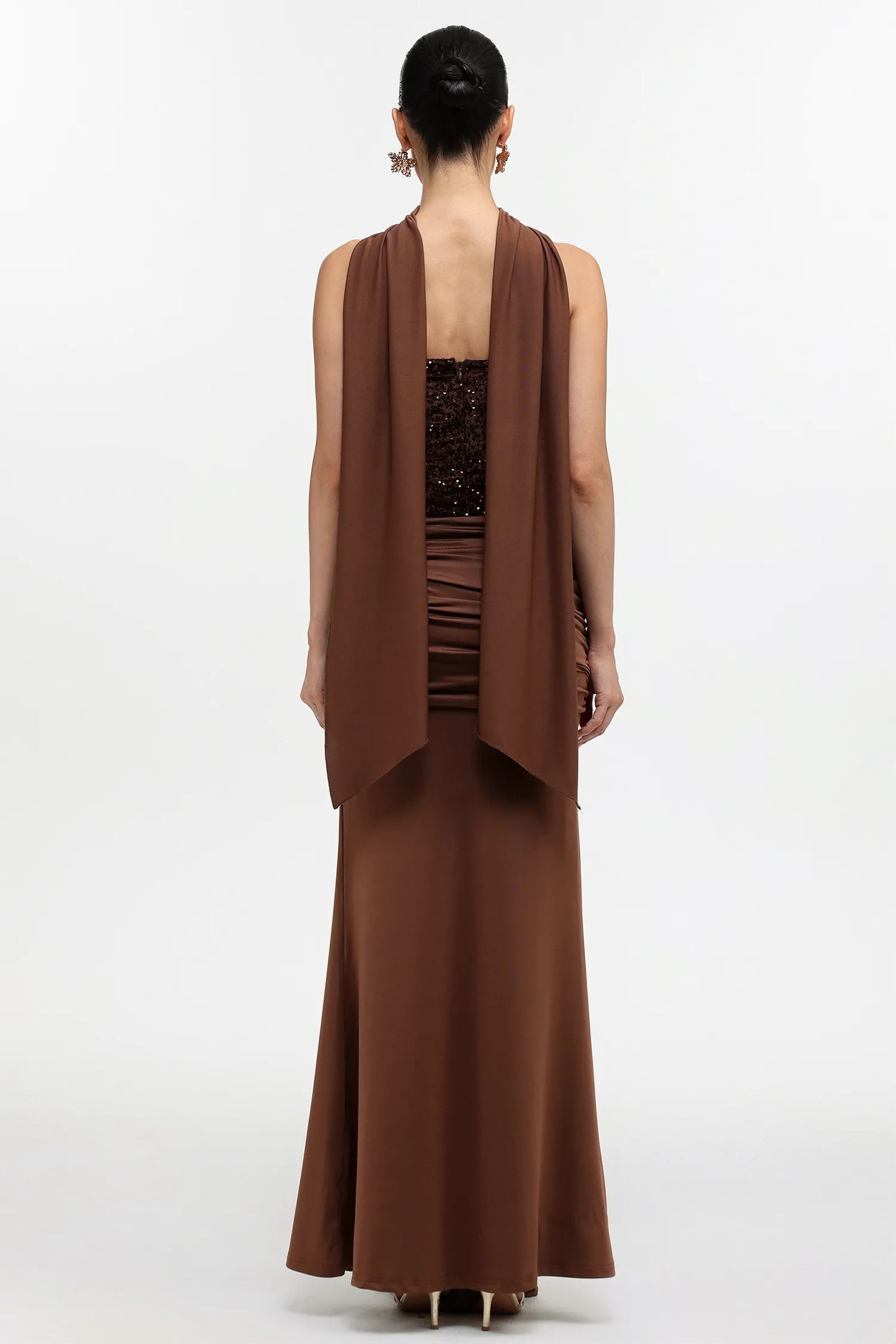 Earth-Toned Corset Gown with Scarf Detail