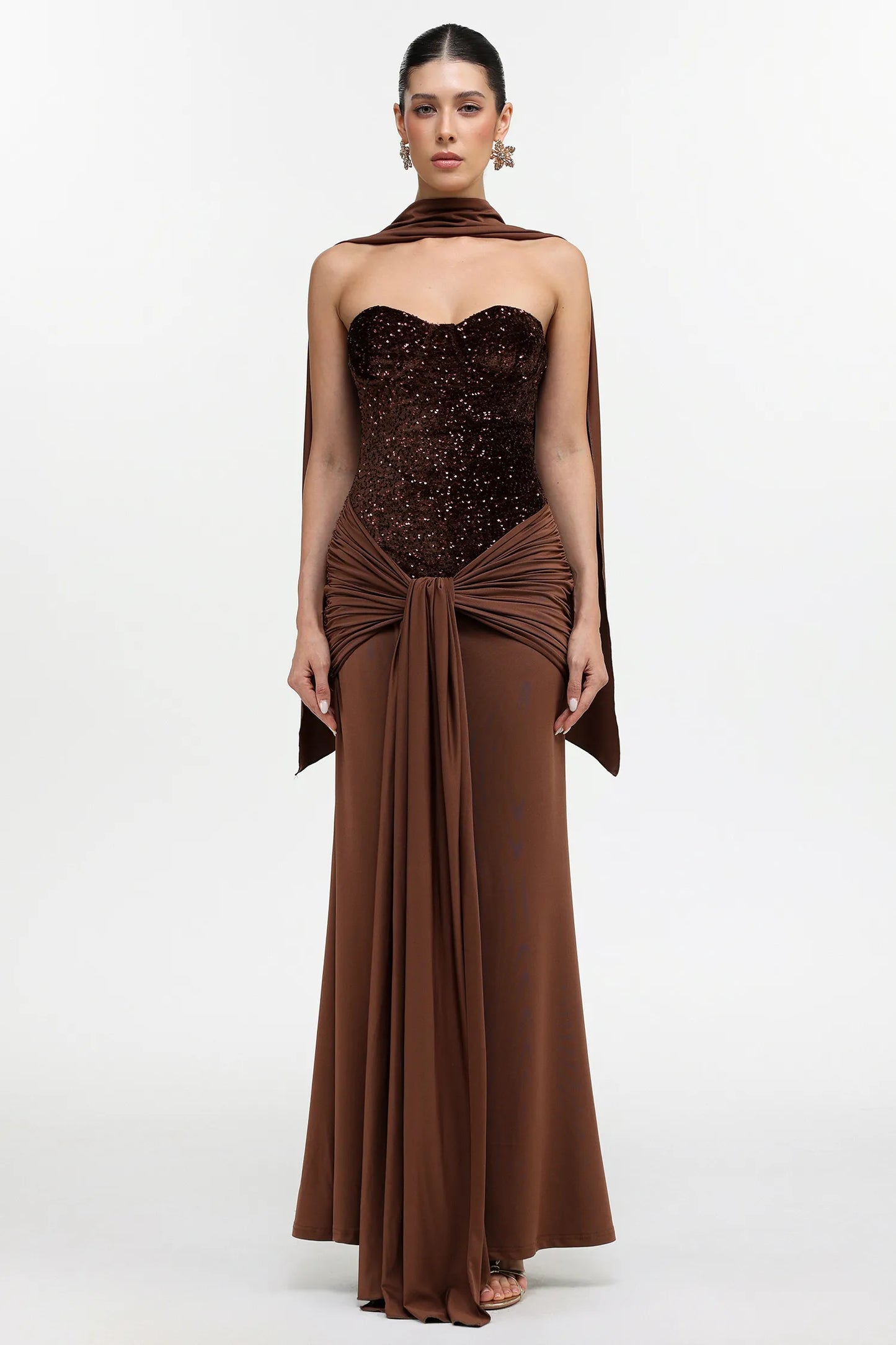 Earth-Toned Corset Gown with Scarf Detail