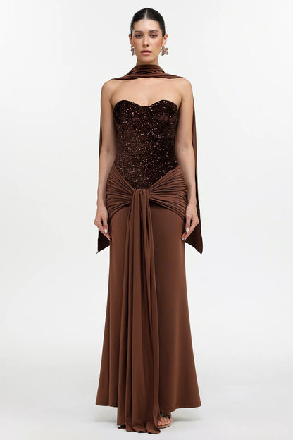 Earth-Toned Corset Gown with Scarf Detail