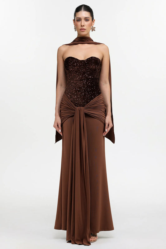Earth-Toned Corset Gown with Scarf Detail