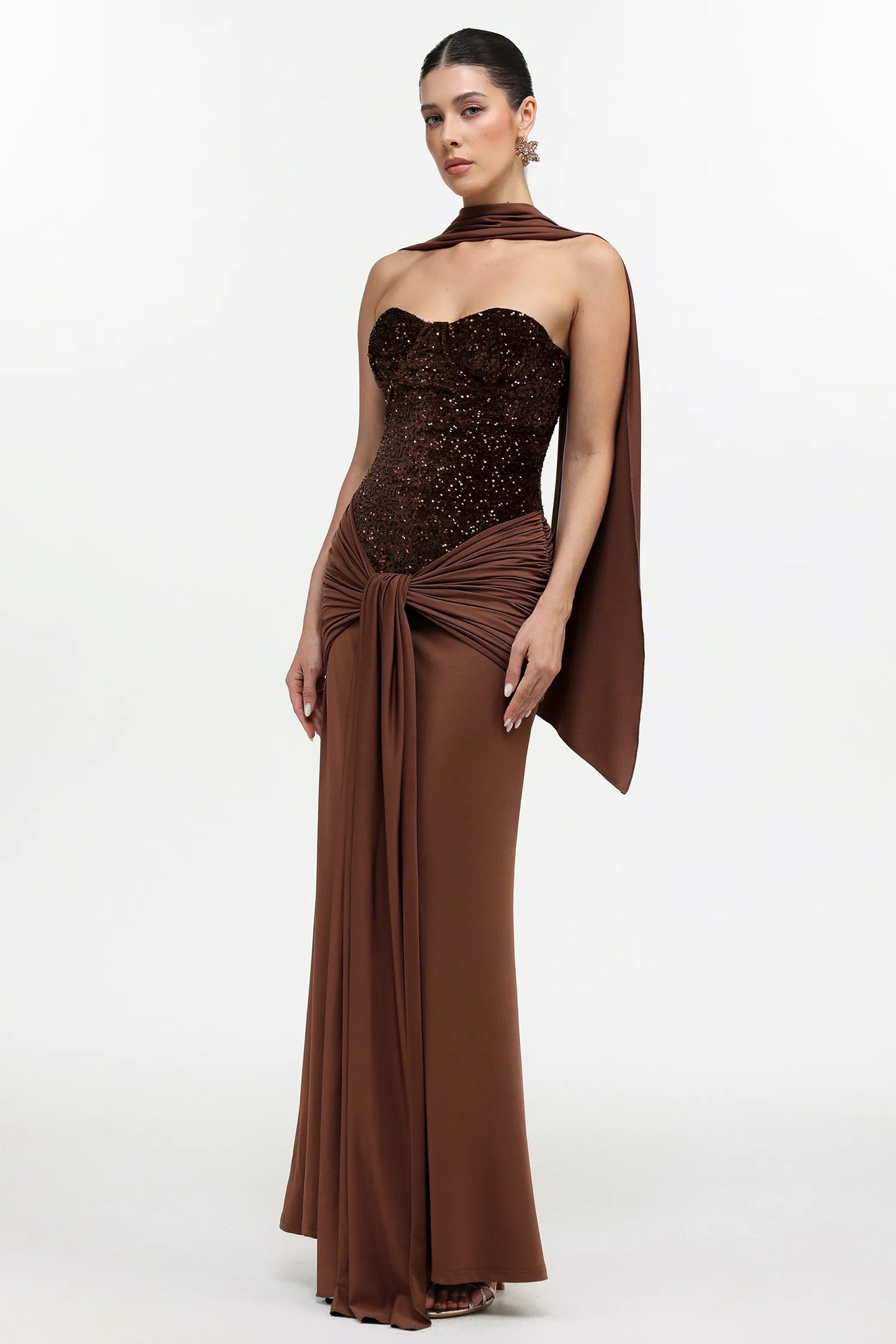 Earth-Toned Corset Gown with Scarf Detail