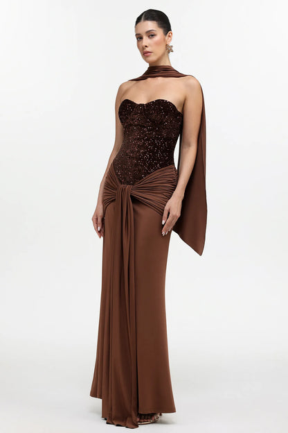 Earth-Toned Corset Gown with Scarf Detail