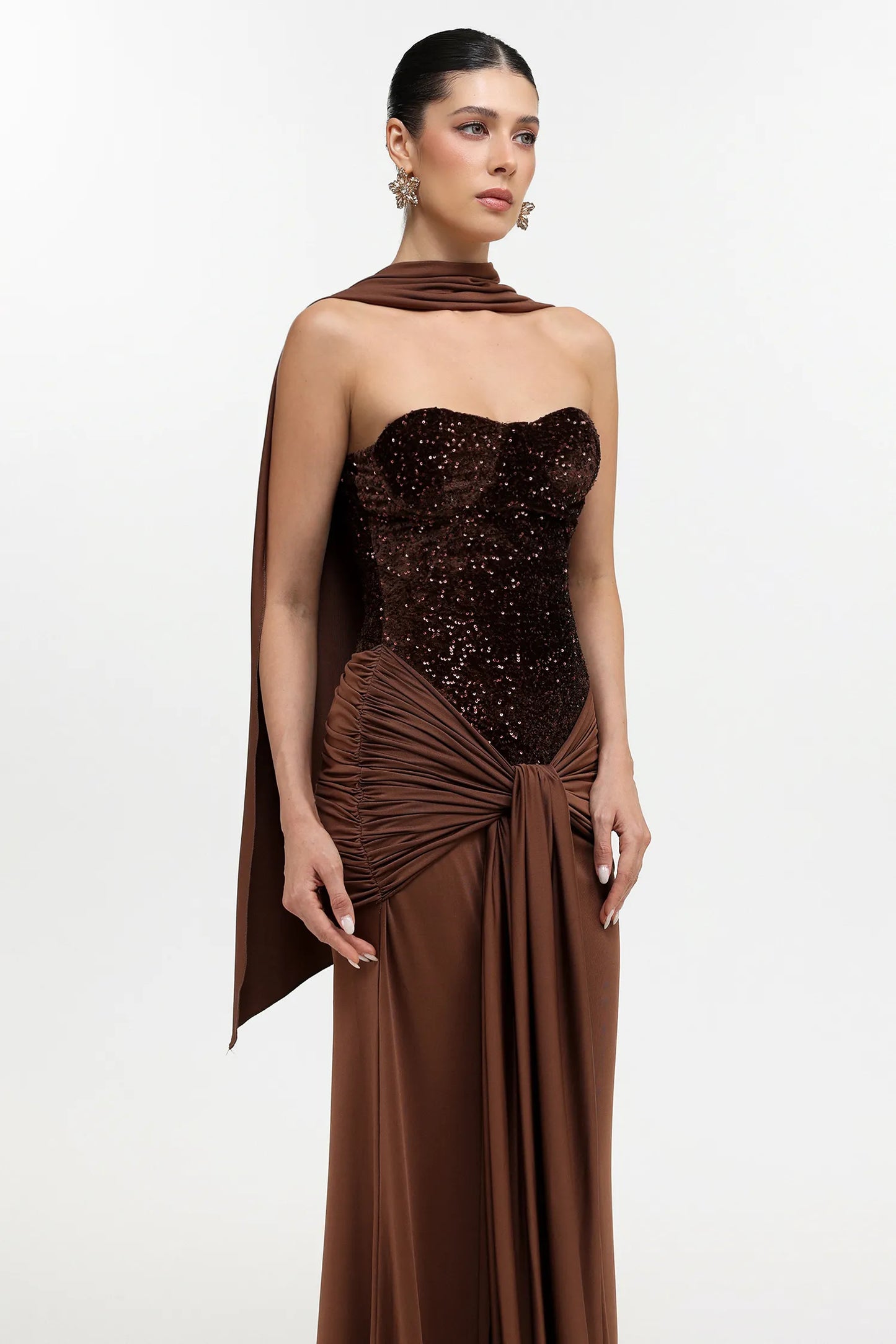 Earth-Toned Corset Gown with Scarf Detail