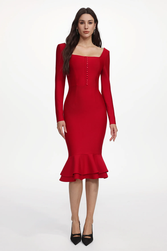 Scarlet Ribbed Long Sleeve Mermaid Midi Dress