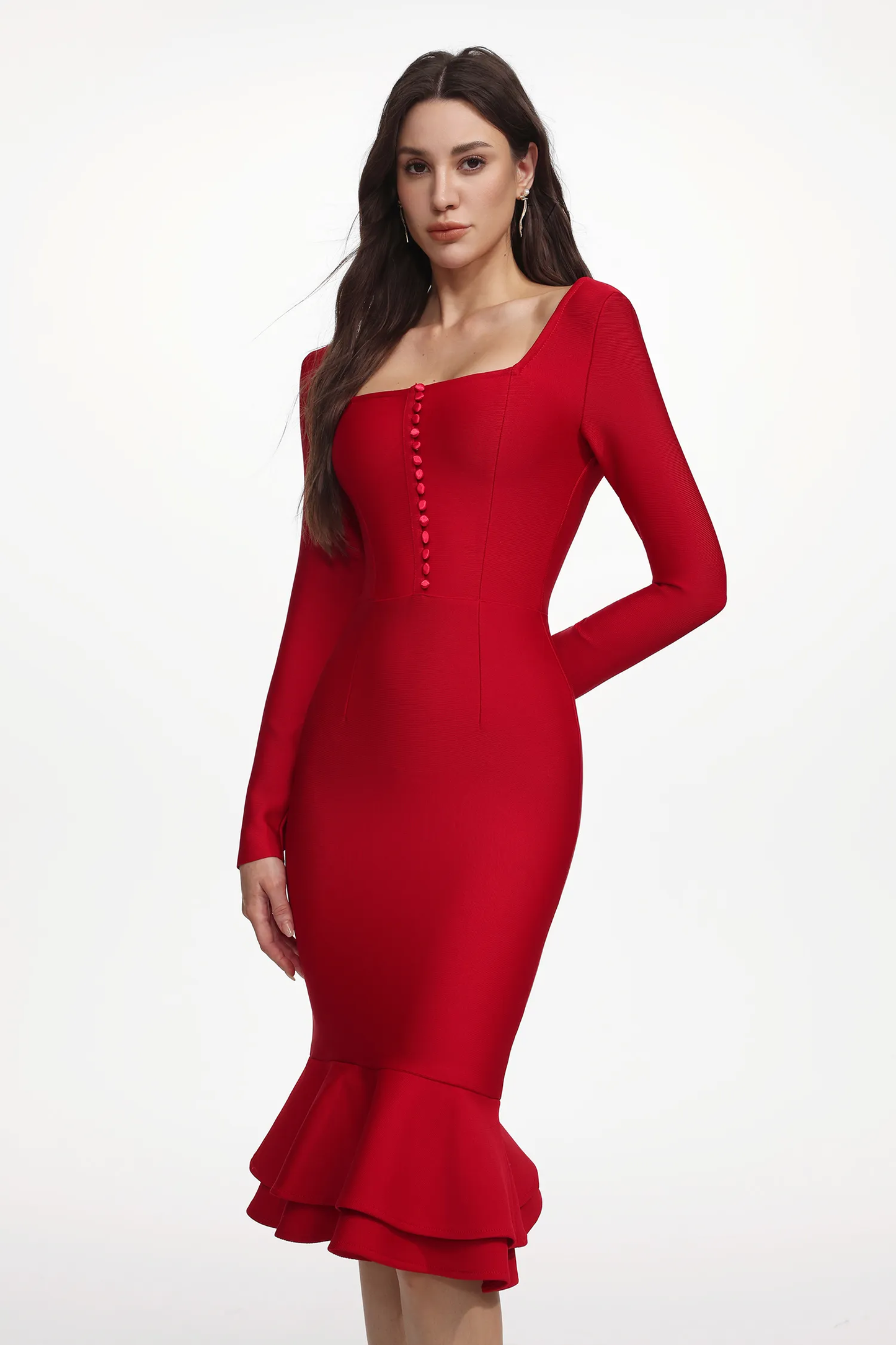 Scarlet Ribbed Long Sleeve Mermaid Midi Dress
