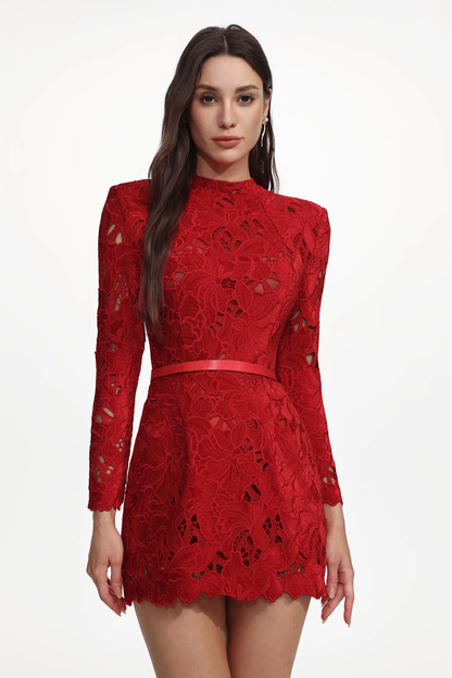 Crimson Lace Long Sleeve Mini Dress with Belted Waist
