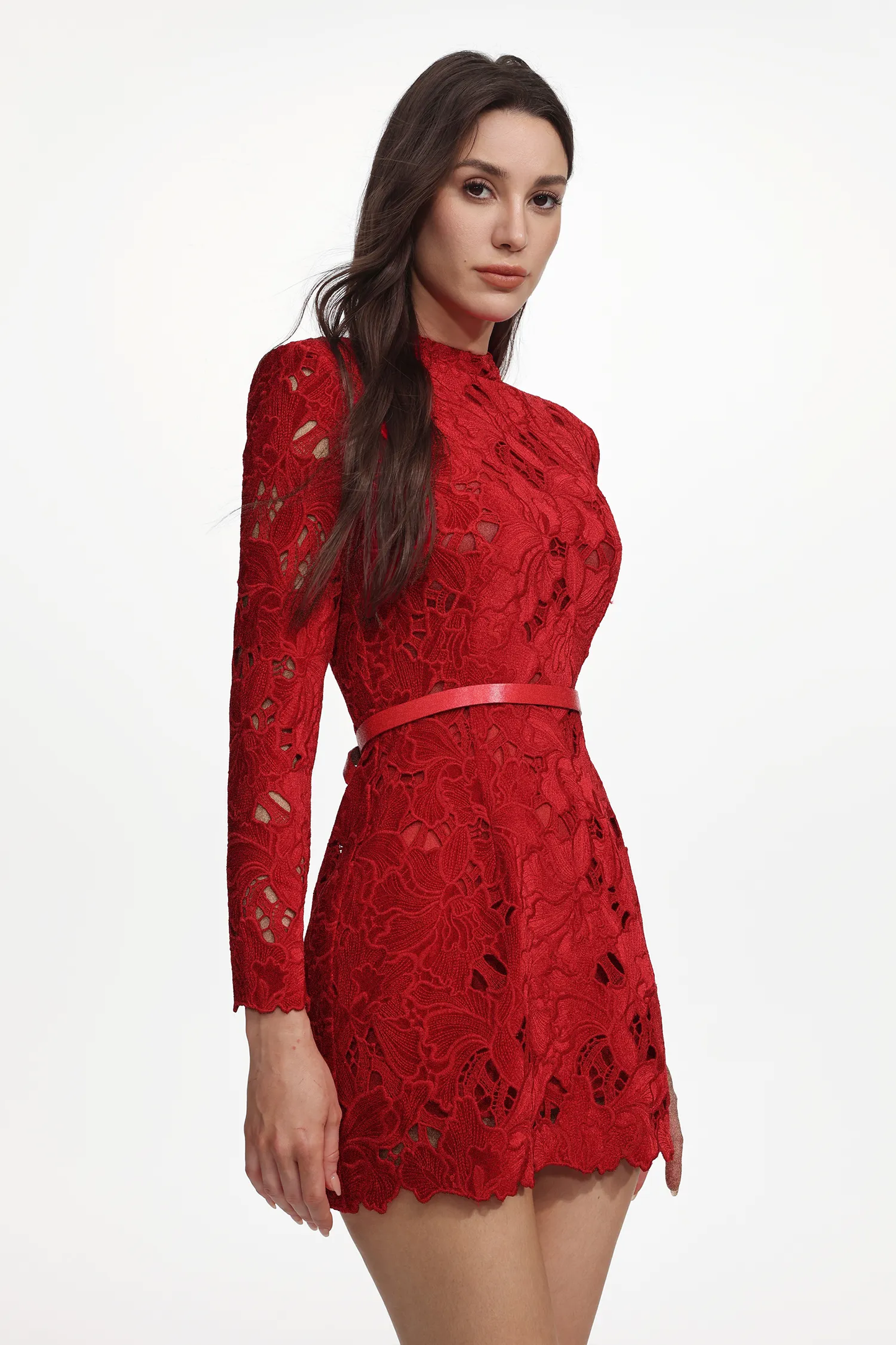 Crimson Lace Long Sleeve Mini Dress with Belted Waist