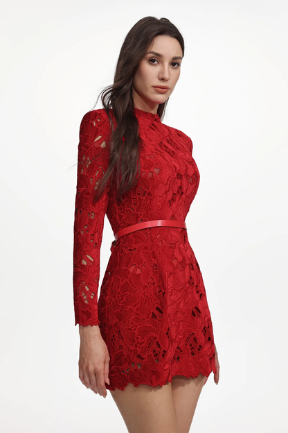 Crimson Lace Long Sleeve Mini Dress with Belted Waist