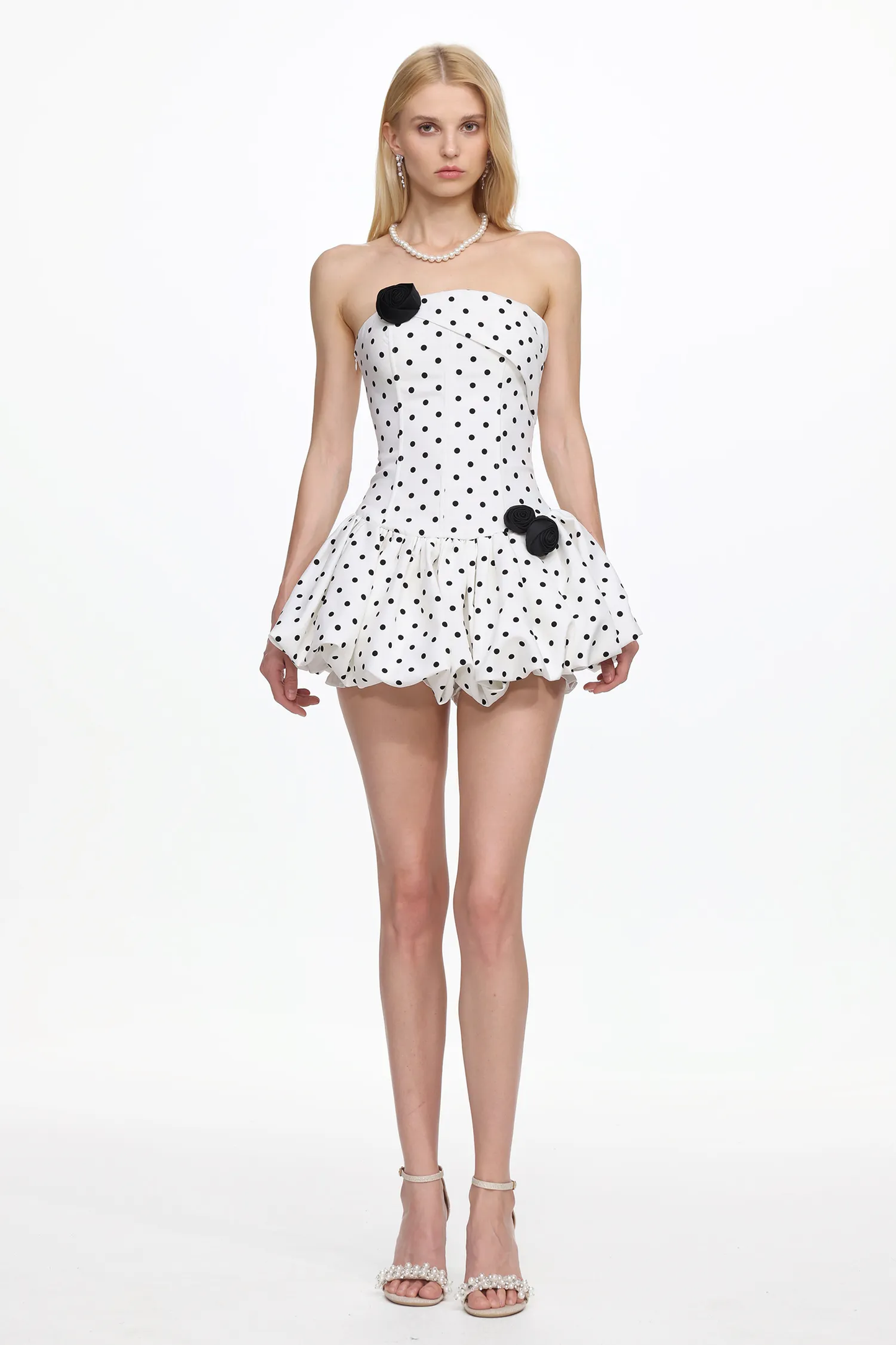 Polka Dot Strapless Mini Dress with Rosette Accents