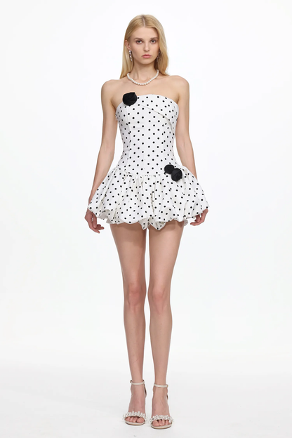 Polka Dot Strapless Mini Dress with Rosette Accents
