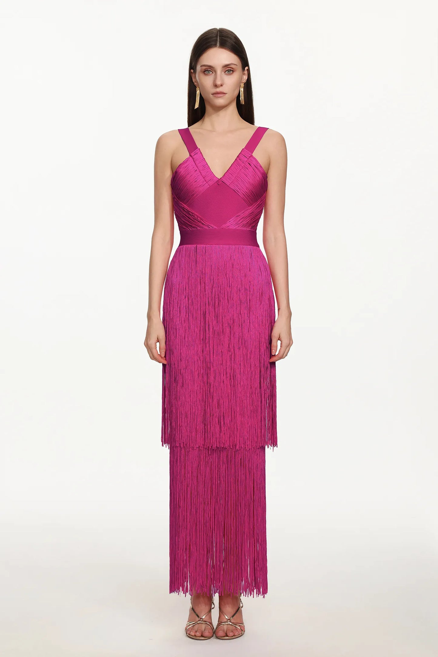 Magenta Tiered Fringe V-Neck Gown