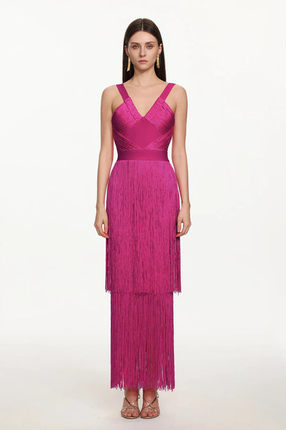 Magenta Tiered Fringe V-Neck Gown