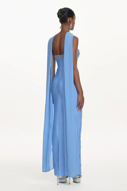 Sky Blue Crystal-Trimmed Halter Gown