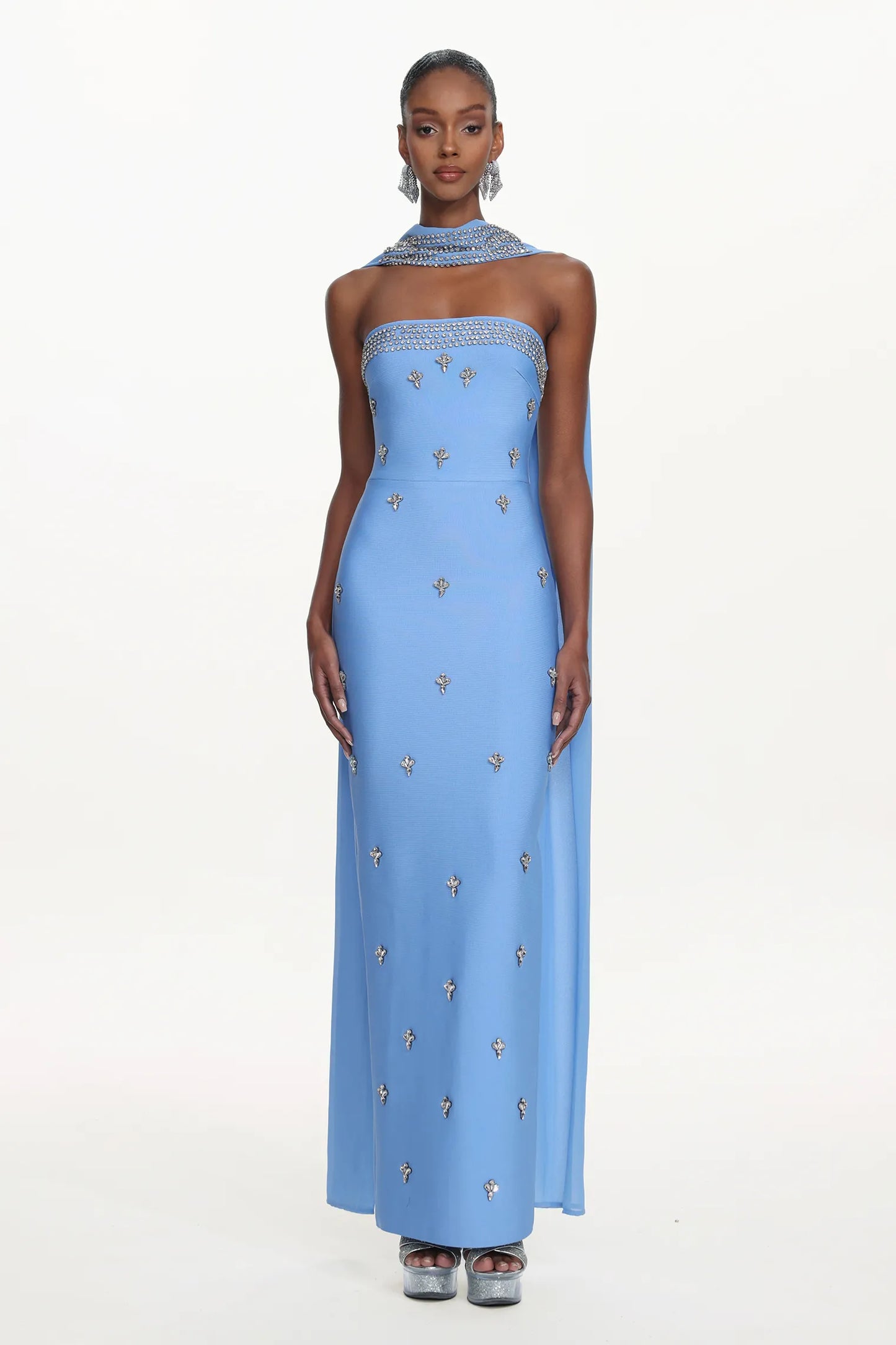 Sky Blue Crystal-Trimmed Halter Gown
