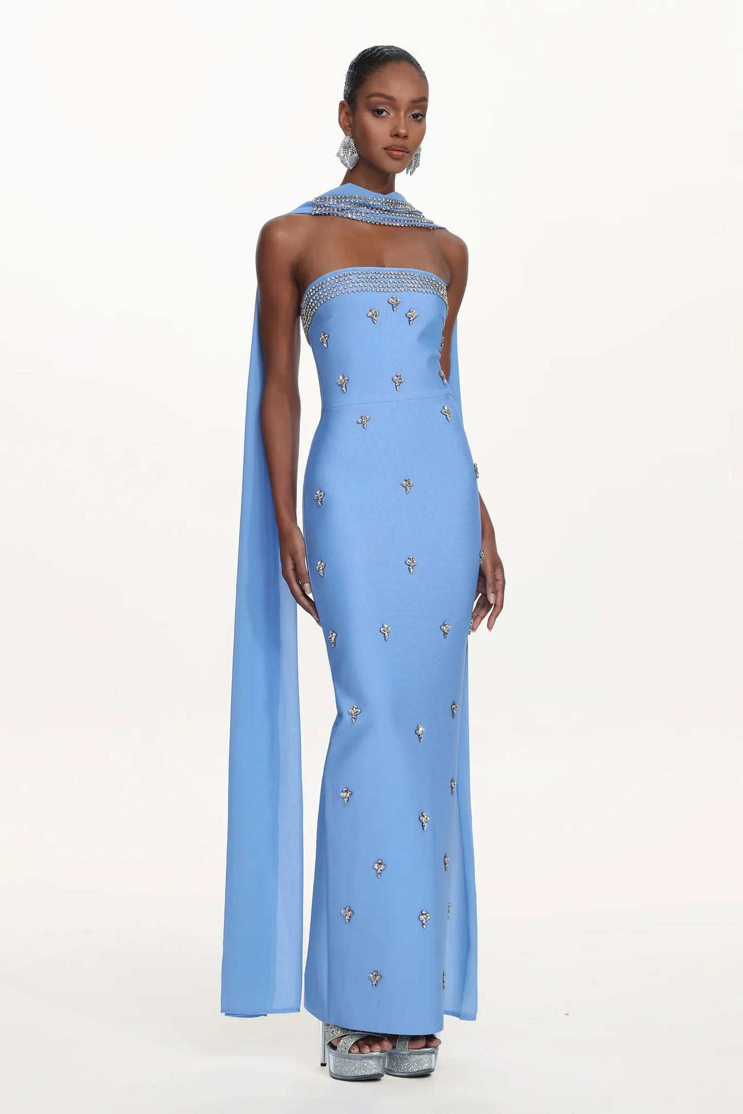 Sky Blue Crystal-Trimmed Halter Gown