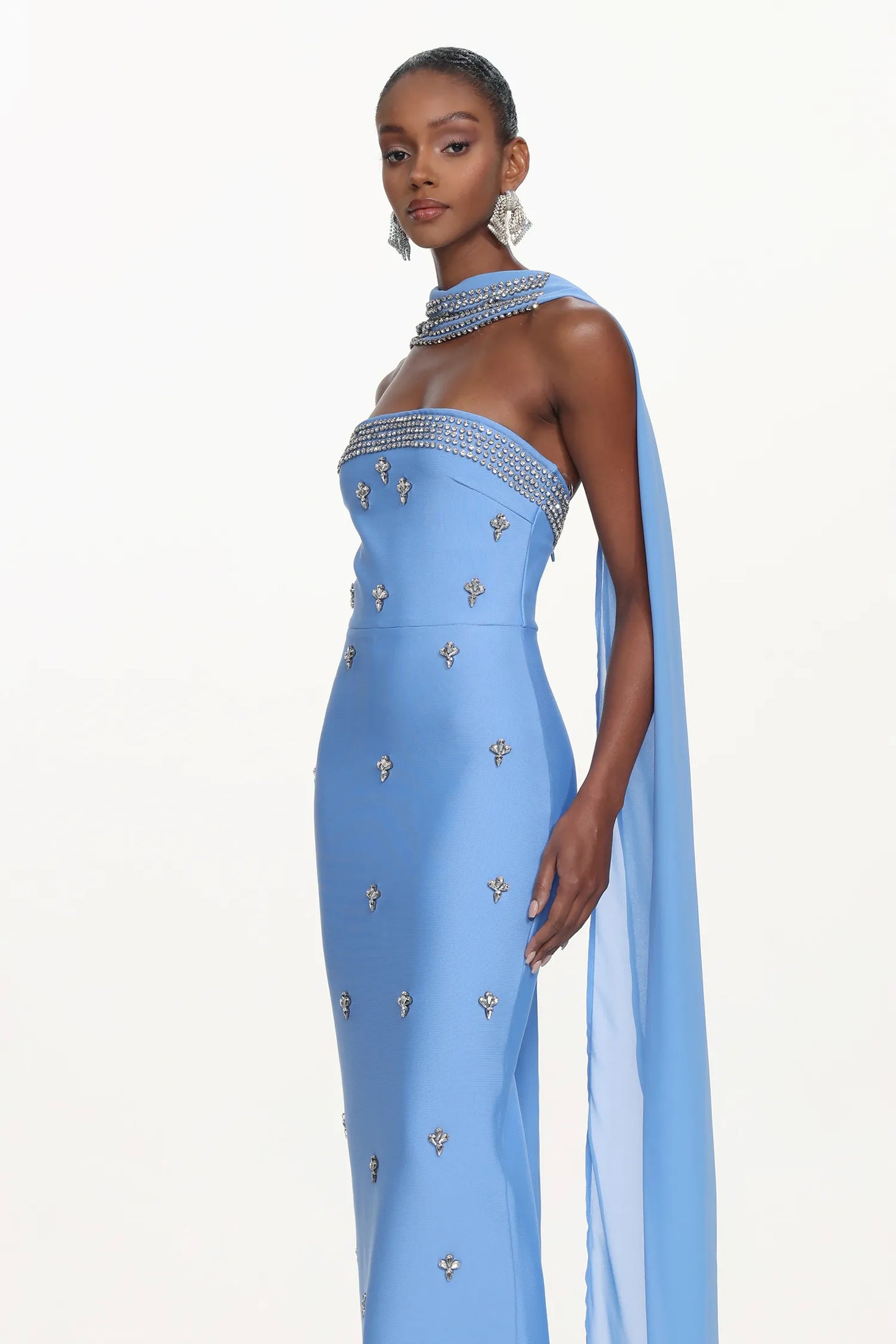Sky Blue Crystal-Trimmed Halter Gown