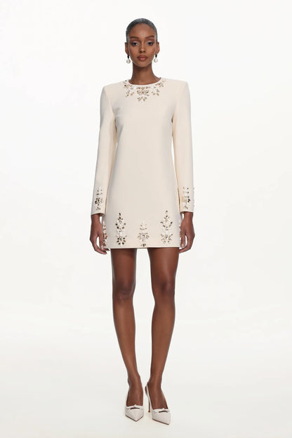 Ivory Embellished Long-Sleeve Shift Mini Dress