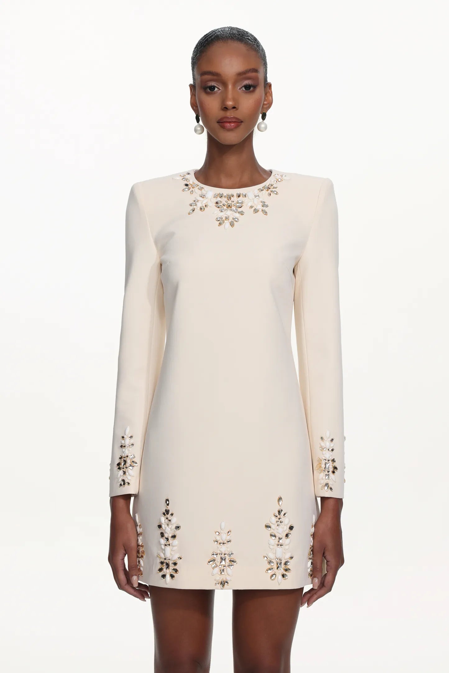 Ivory Embellished Long-Sleeve Shift Mini Dress
