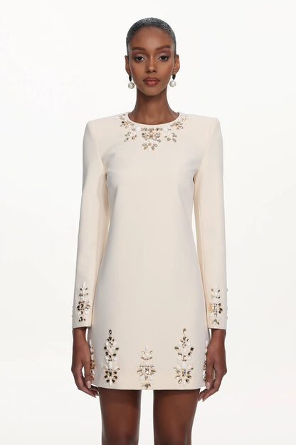Ivory Embellished Long-Sleeve Shift Mini Dress