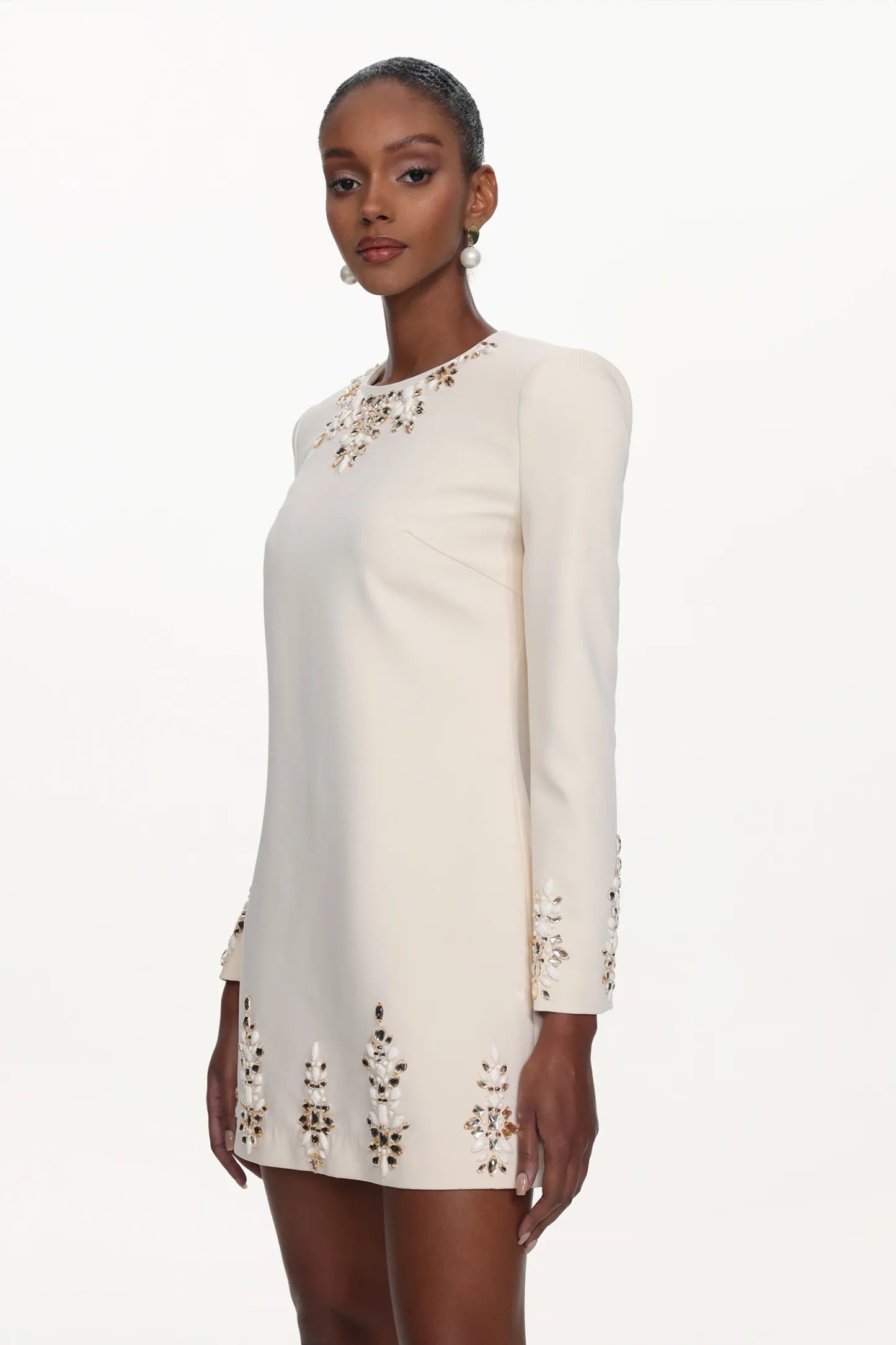 Ivory Embellished Long-Sleeve Shift Mini Dress