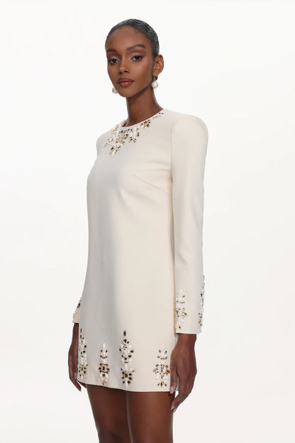 Ivory Embellished Long-Sleeve Shift Mini Dress