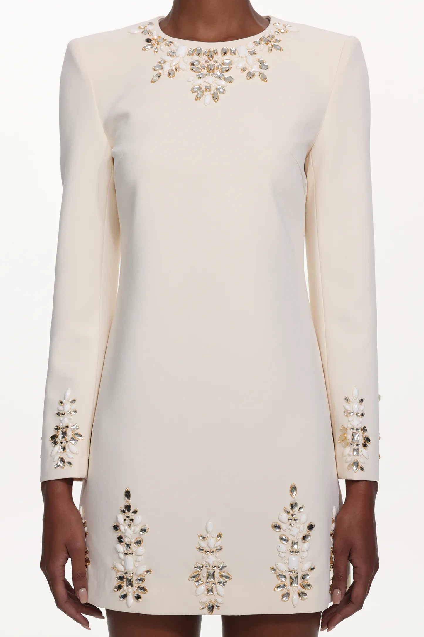 Ivory Embellished Long-Sleeve Shift Mini Dress