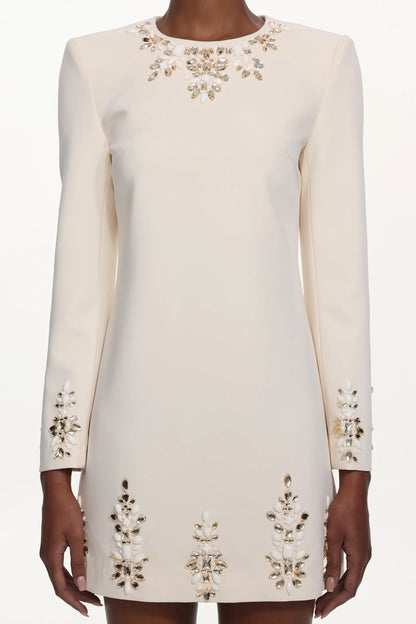 Ivory Embellished Long-Sleeve Shift Mini Dress