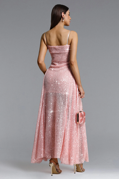 Rose Quartz Shimmer Pleated Maxi Gown