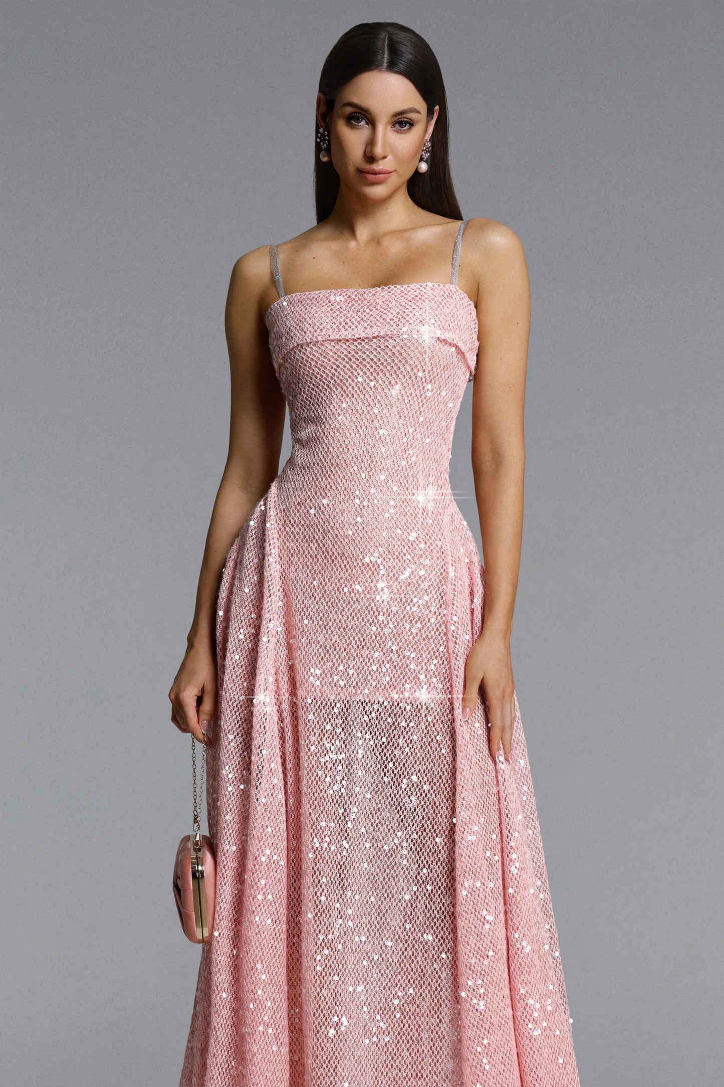 Rose Quartz Shimmer Pleated Maxi Gown