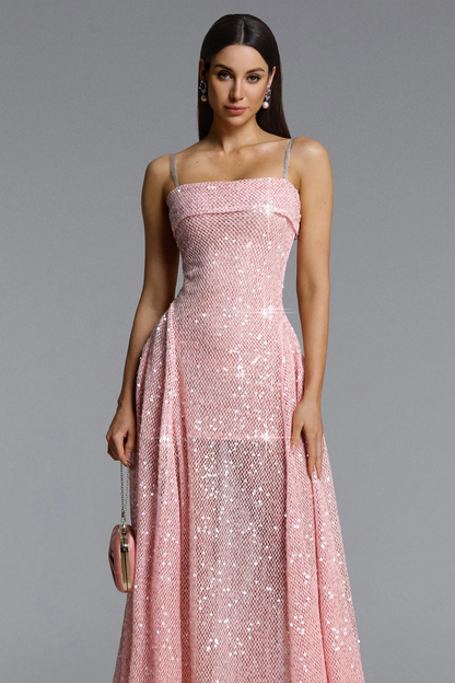 Rose Quartz Shimmer Pleated Maxi Gown