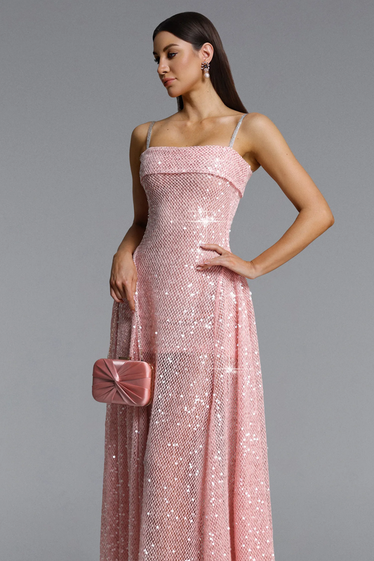 Rose Quartz Shimmer Pleated Maxi Gown