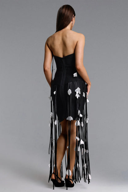 Noir Elegance Strapless Fringe Maxi Dress with Floral Petal Detail