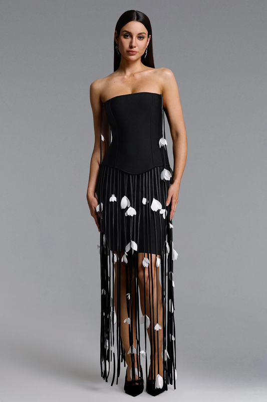Noir Elegance Strapless Fringe Maxi Dress with Floral Petal Detail