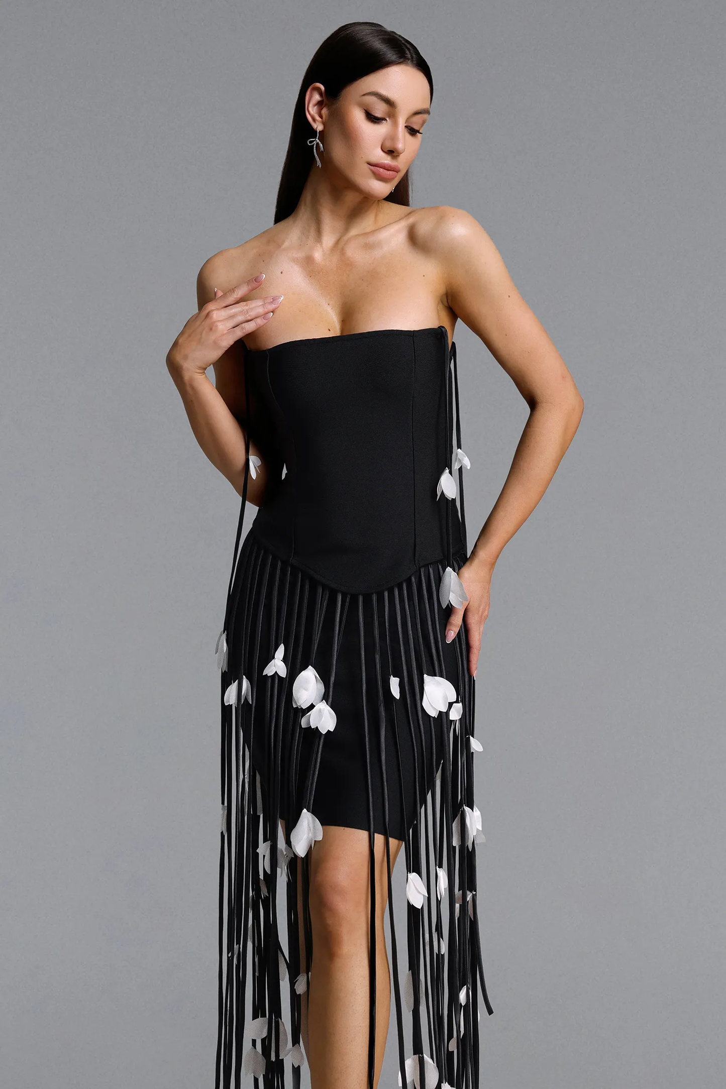 Noir Elegance Strapless Fringe Maxi Dress with Floral Petal Detail