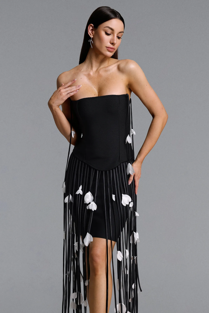 Noir Elegance Strapless Fringe Maxi Dress with Floral Petal Detail