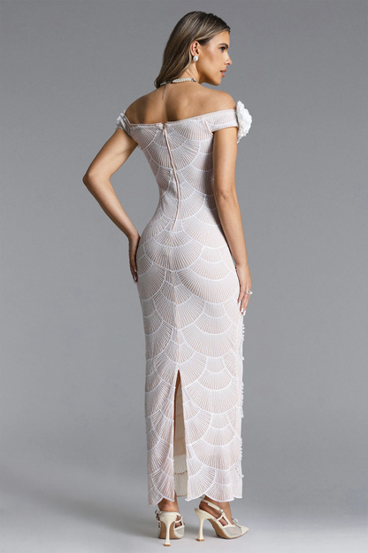 Ivory Bloom Off-Shoulder Column Dress