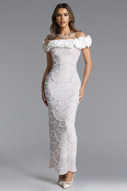 Ivory Bloom Off-Shoulder Column Dress