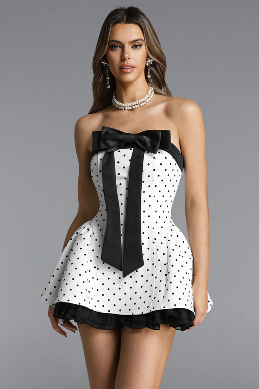 The Midnight Bow Mini: Polka Dot Babydoll Dress