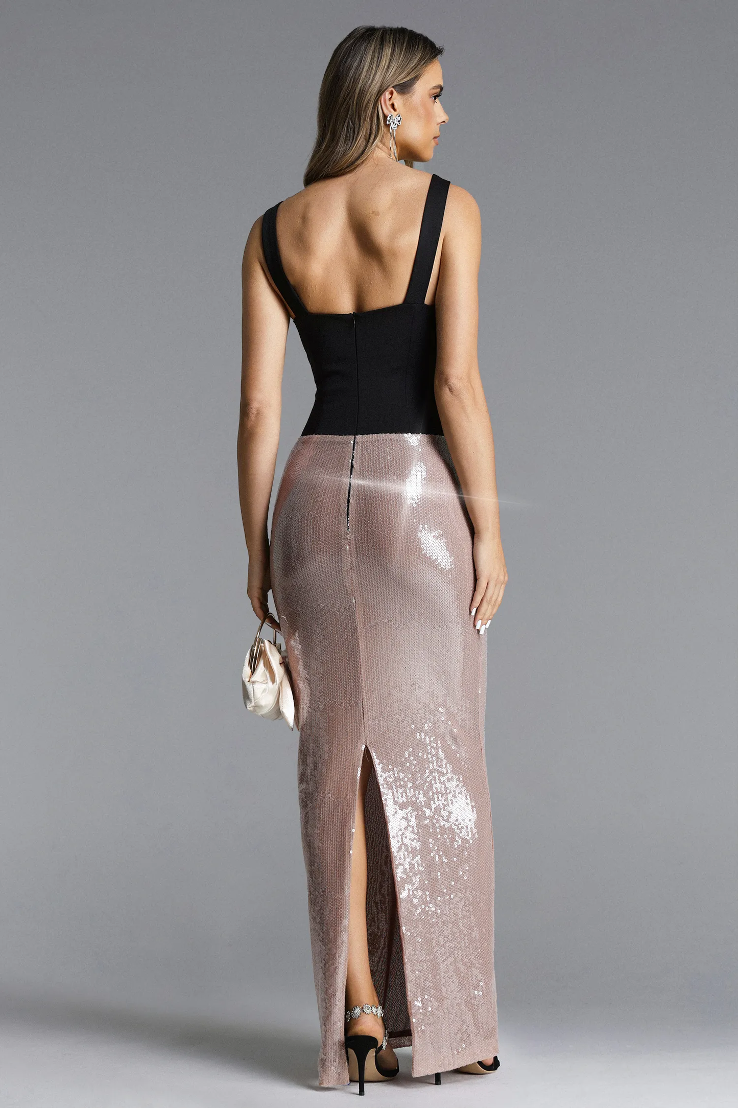 The Noir Glimmer Gown: Sequin Column Dress with Sculpted Corsetry