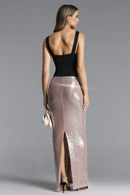 The Noir Glimmer Gown: Sequin Column Dress with Sculpted Corsetry