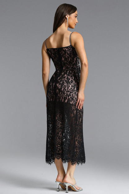 Midnight Lace Bustier Midi Dress with Crystal-Embellished Straps