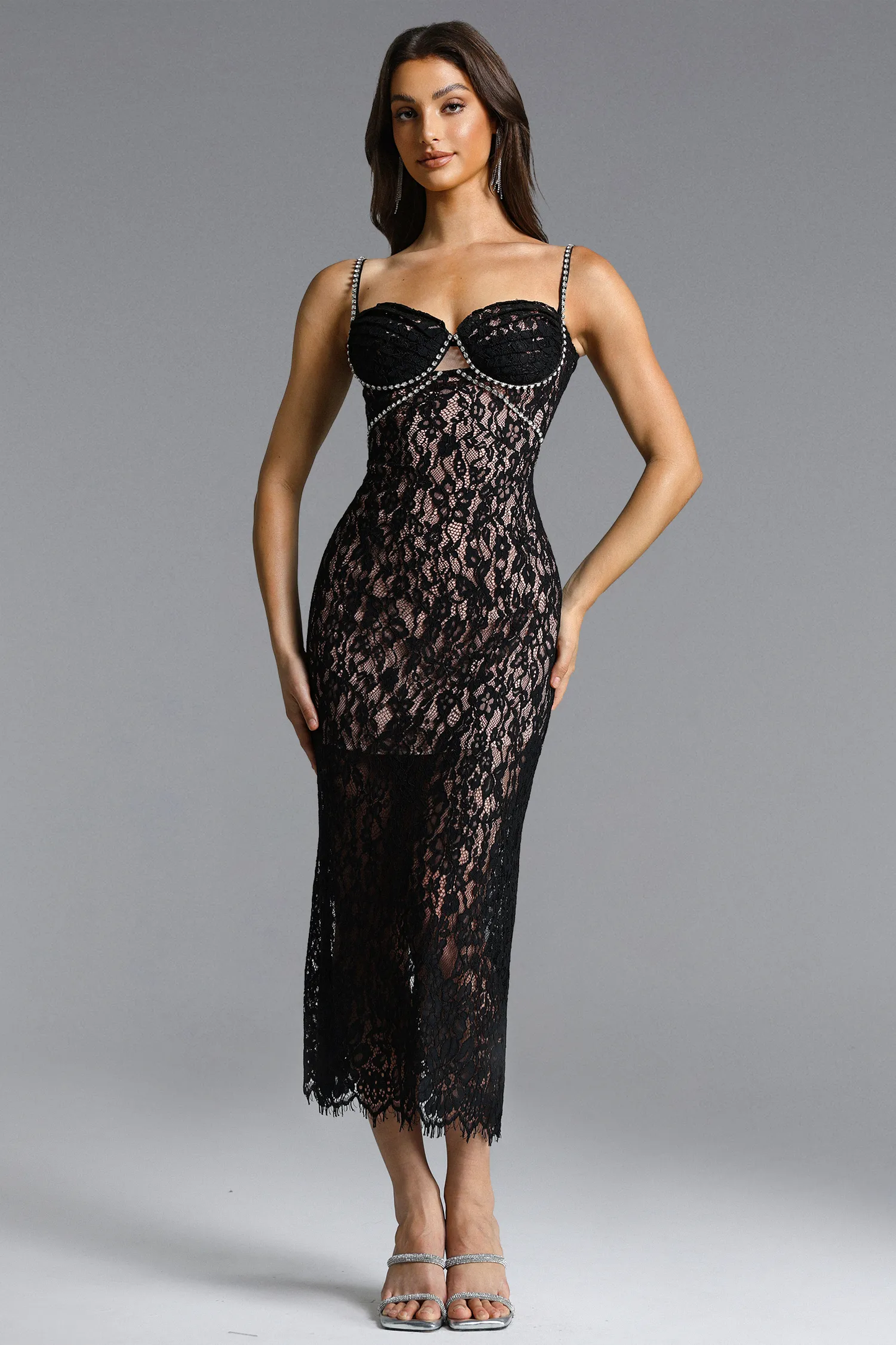 Midnight Lace Bustier Midi Dress with Crystal-Embellished Straps