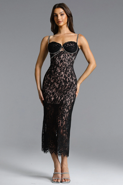 Midnight Lace Bustier Midi Dress with Crystal-Embellished Straps