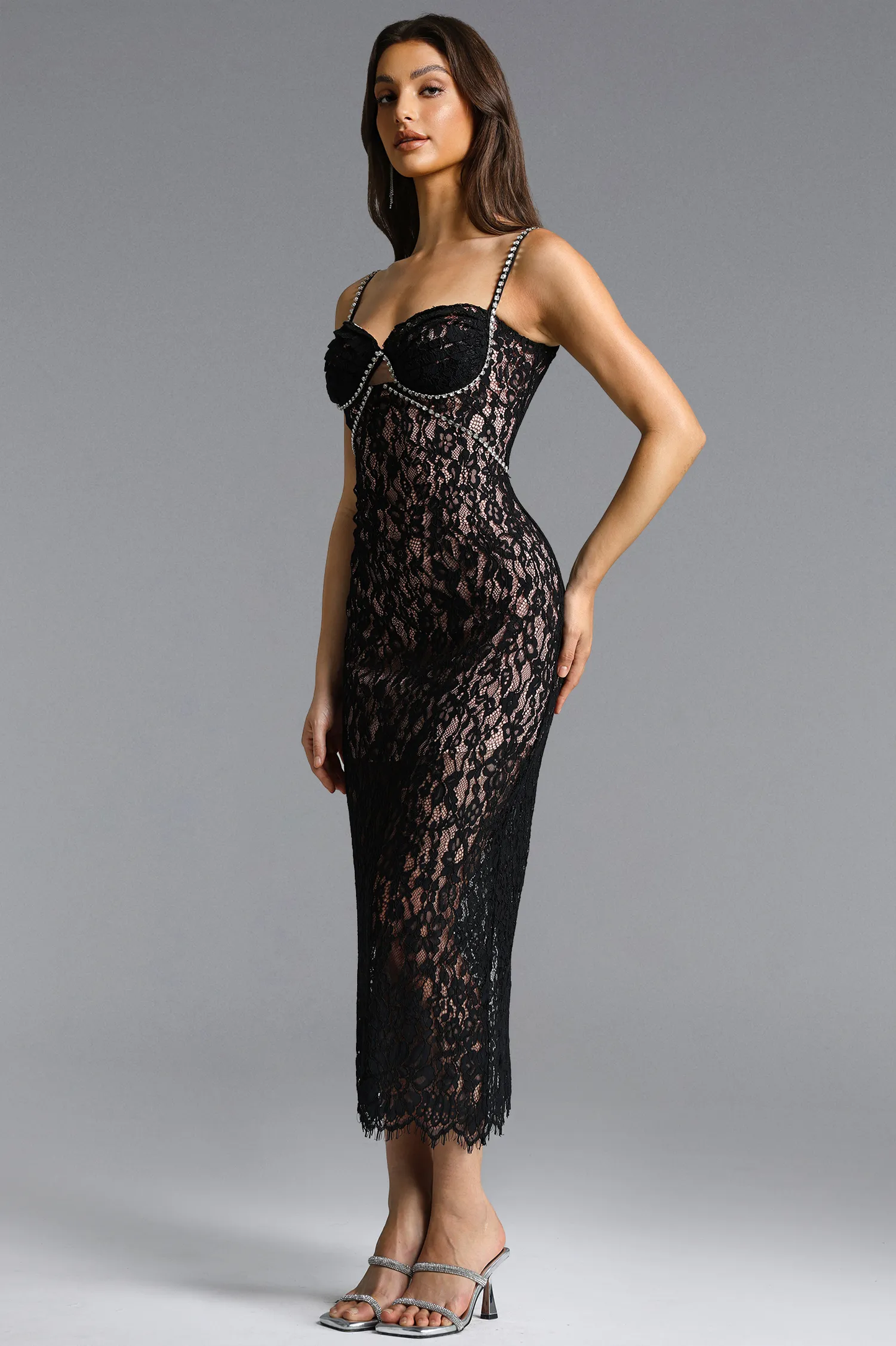 Midnight Lace Bustier Midi Dress with Crystal-Embellished Straps