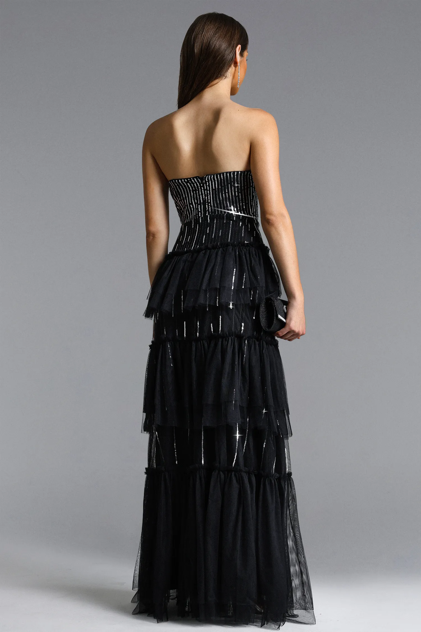 Midnight Star Tiered Tulle Gown with Beaded Strapless Bodice