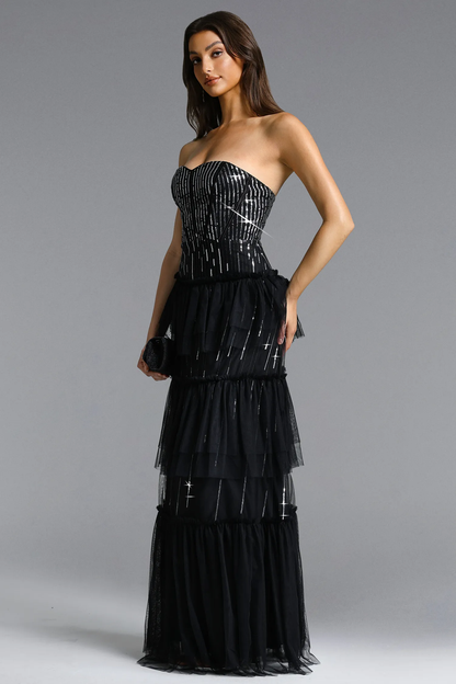 Midnight Star Tiered Tulle Gown with Beaded Strapless Bodice