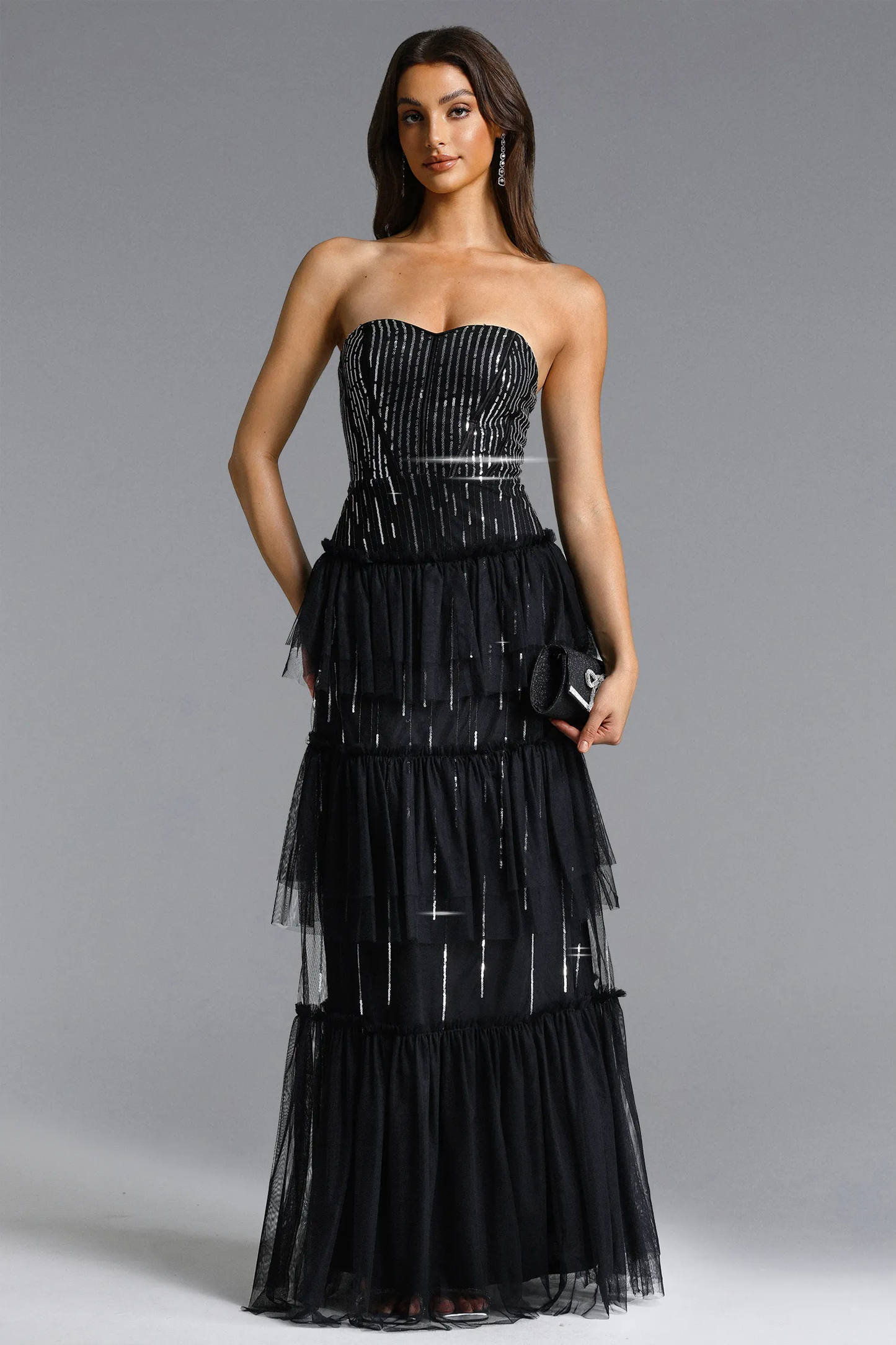 Midnight Star Tiered Tulle Gown with Beaded Strapless Bodice